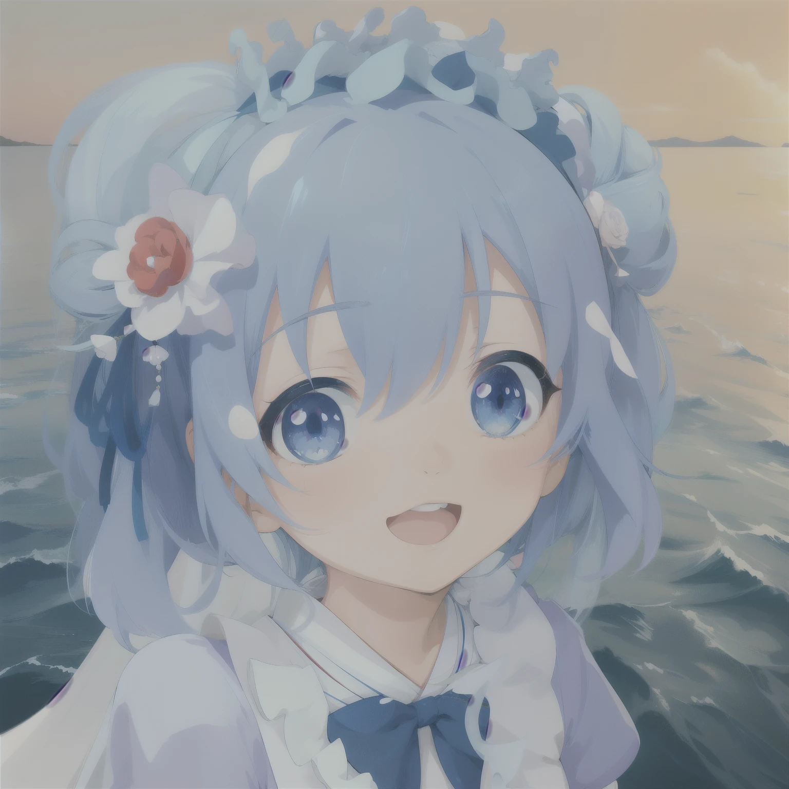 Japanese cartoons girl with blue hair and blue eyes standing in front of the ocean, Japanese cartoons moe artstyle, Japanese cartoons style 4K, Japanese cartoons style. 8k, wallpaper Japanese cartoons blue water, I will deny this, Japanese cartoons art wallpaper 4K, Japanese cartoons! 4K, Japanese cartoons! 4K, Japanese cartoons art wallpaper 4K, Japanese cartoons art wallpaper 8 k, [ 4K digital art ]!!, wedding dress , rose in her hand