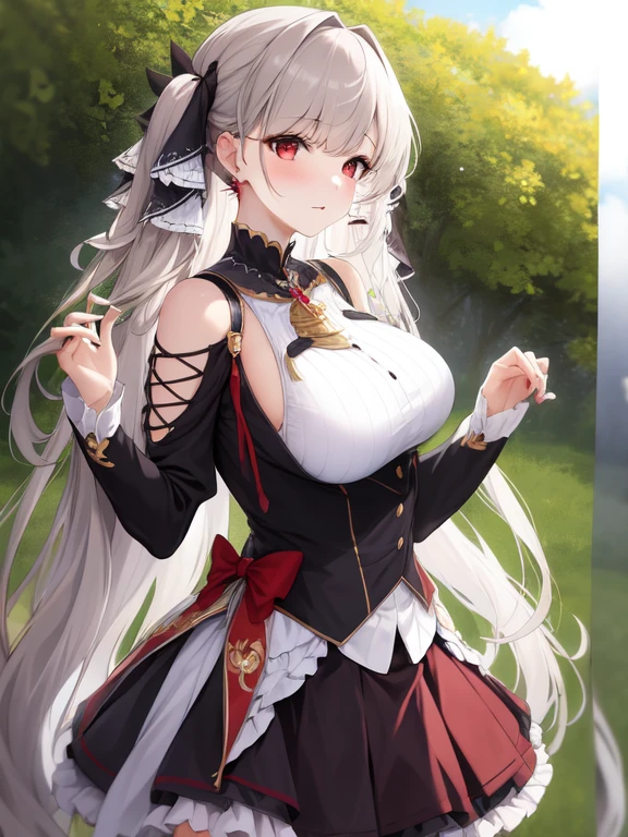 (masterpiece, Best quality1.2),illustration,8k,HD,1 Girl,Solitary,hands up,(portrait:1.2),long_hair,Large target_breast,Red_Eye,Very_long_hair,Bangs,Double tail,ribbon,grey_hair,cleveage,hair_ribbon,Two-color_ribbon,between_breast,Black_skirt,skirt,decorate,only_Shoulder,Frilly_skirt,long_sleeve,Two-color_skirt,jewelry,earrings,outdoor