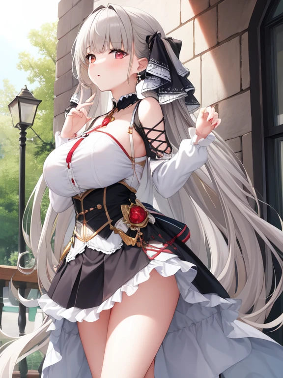 (masterpiece, Best quality1.2),illustration,8k,HD,1 Girl,Solitary,hands up,(portrait:1.2),long_hair,Large target_breast,Red_Eye,Very_long_hair,Bangs,Double tail,ribbon,grey_hair,cleveage,hair_ribbon,Two-color_ribbon,between_breast,Black_skirt,skirt,decorate,only_Shoulder,Frilly_skirt,long_sleeve,Two-color_skirt,jewelry,earrings,outdoor