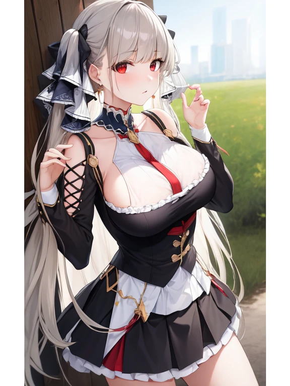 (masterpiece, Best quality1.2),illustration,8k,HD,1 Girl,Solitary,hands up,(portrait:1.2),long_hair,Large target_breast,Red_Eye,Very_long_hair,Bangs,Double tail,ribbon,grey_hair,cleveage,hair_ribbon,Two-color_ribbon,between_breast,Black_skirt,skirt,decorate,only_Shoulder,Frilly_skirt,long_sleeve,Two-color_skirt,jewelry,earrings,outdoor