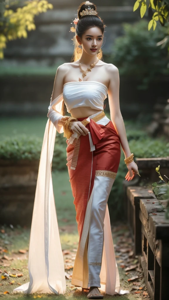 beautiful girl ,Thai women&#39;warrior, walking at thai measure, dynamic poses, Thai Chat Set, Strapless shirt, long hair,black eyes,abdominal muscles, thin body, rounded chest, (big breast:1.3), rift, small thighs, Long legs, morning sun, staring at the audience, (sexy poses), ((face details)), Double eyelids, that is finished, realistic, Masterpiece, qualityสูงสุด, lens flare, shade, old measure, measure, [[Chromatic aberration]], By Jeremy Lipking, By Antonio J... Manzanedo, digital painting, HDR, high contrast, Covered in a long thin sash, Beautiful figure, (realistic:1.3), Crazy details, quality, (Masterpiece:1.2), (ภาพrealistic:1.2), (qualityที่ดีที่สุด), (Beautiful skin:1.3), (There are complicated details...), Ray tracing, ((Full body)), ((ผู้หญิง 1 person)), (((1 person))), Age 18-20 years, ((long hair, for a very long time., ปล่อยlong hair)), smile, red tank top, white coat, red striped skirt., Contrasting colors with dresses and skirts..., Show off your pretty shoulders..., skirt pattern, earring, necklace, Javanese jewelry, (blurred background), riftของเต้านม, big breast, Beautiful breasts, Big breast augmentation, Long legs, white skin, charming, ultimate beauty