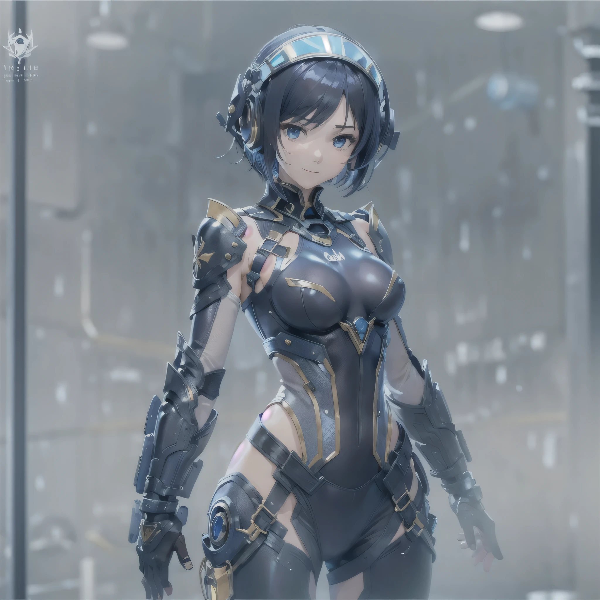 (masterpiece、highest quality、Highest Resolution、Clear_image、Detailed details、Angle from above): (Whole body、One 20 year old girl、Japanese Faces、Small Face、Slender、Navy blue super short bob cut hair、(Hidden small breasts:1.3)、Sparkling blue eyes、Shiny pilot suit in blue and black colors、Chest protection armor、Tight fitting clothes、Clothing that covers the whole body、Glamorous clothes、Tight Fit Pants、Hide your skin、Very delicate and beautiful、Detailed Skin、hide thighs、Hide your ass、Cute、A gentle smile、Soft expression、heroine、headset、Knee-high boots、Elbow-length gloves、Eye Level Shot、Face directly、Woman on a spaceship)