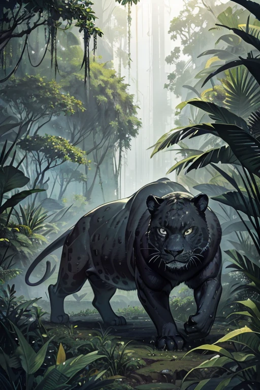 majestic black jaguar lurking in a lush rainforest
