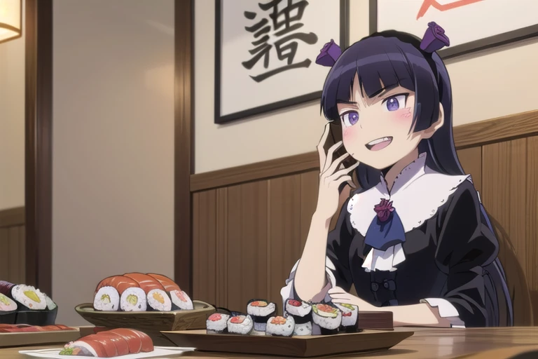 (ruri gokou), masterpiece, highest quality, One girl, alone, Hime cut, Gothic Lolita, Lolita Fashion, head band,restaurant,open mouth,tongue,food,makizushi,seafood,smirk,eating,laughing,constricted pupils,evil grin,shouting,(((indoors,sushi, food, smartphone, talking on phone,holding phone))),