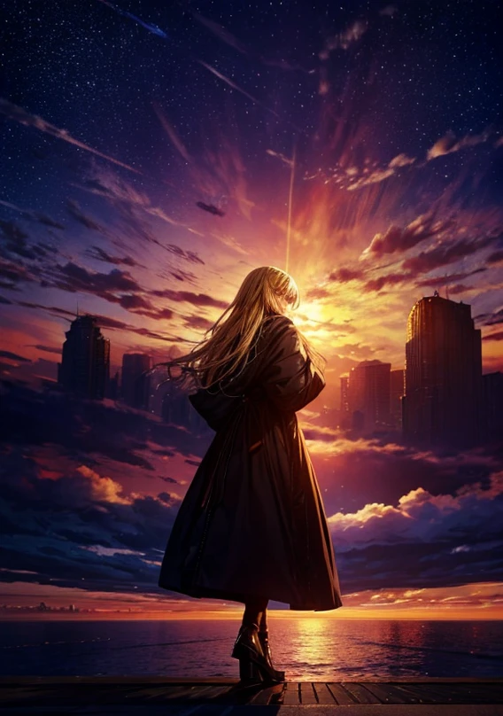 １people々々々々々々々々々々,Blonde long-haired woman，Long coat， Dress Silhouette， Rear View，Space Sky, , Anime Style, sunset，The boundary between sea and space，