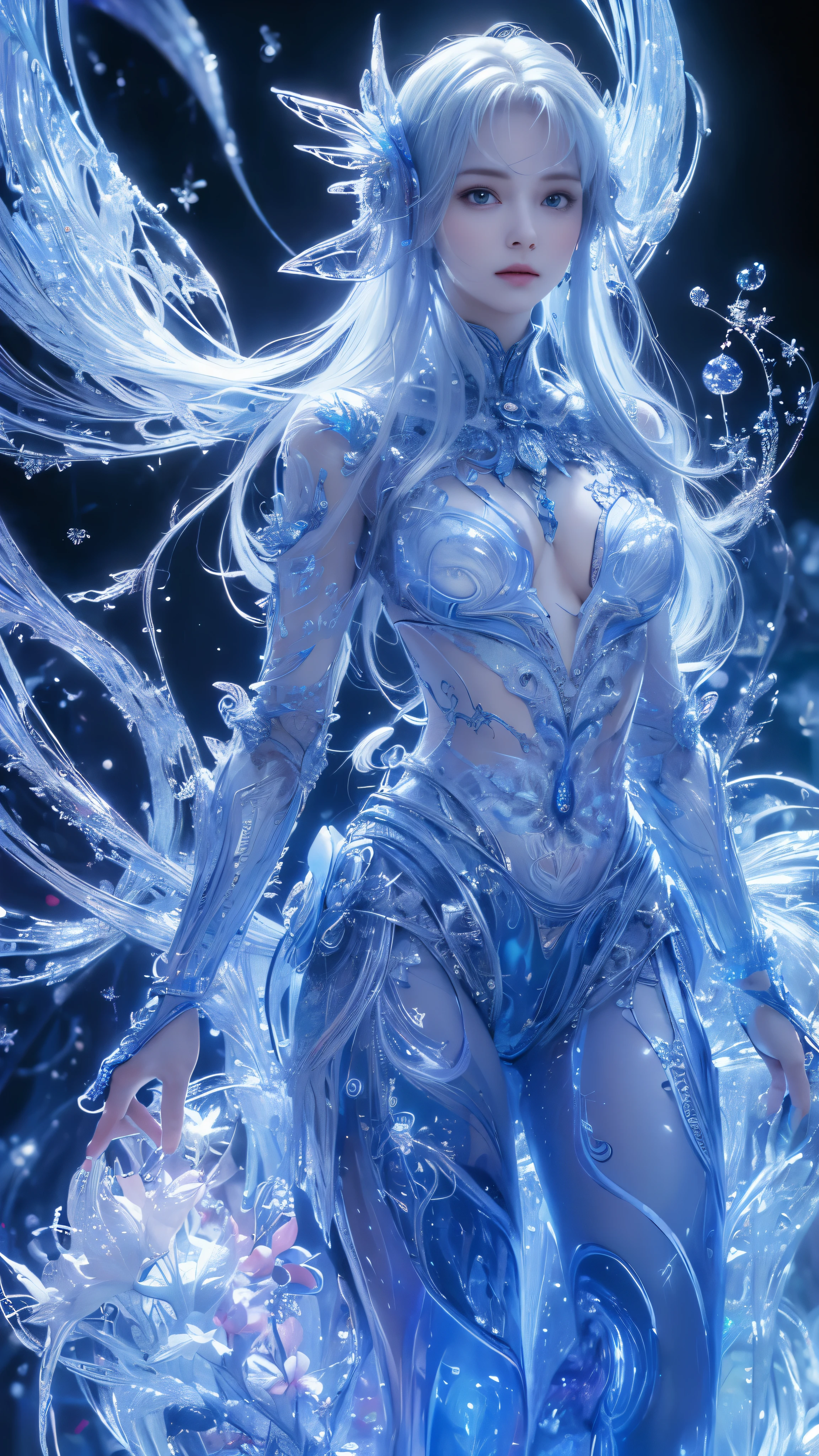 (masterpiece, top quality, best quality, official art, beautiful and aesthetic:1.2), (1girl), (fractal art:1.2),absurd, high resolution, costume making from extremely detailed transparent blue liquid, super accurate depiction, solo, (zentangle:1.2), floating hair, shiny skin, (abstract:1.2), tights, looking at viewer, complex robot , Halo,