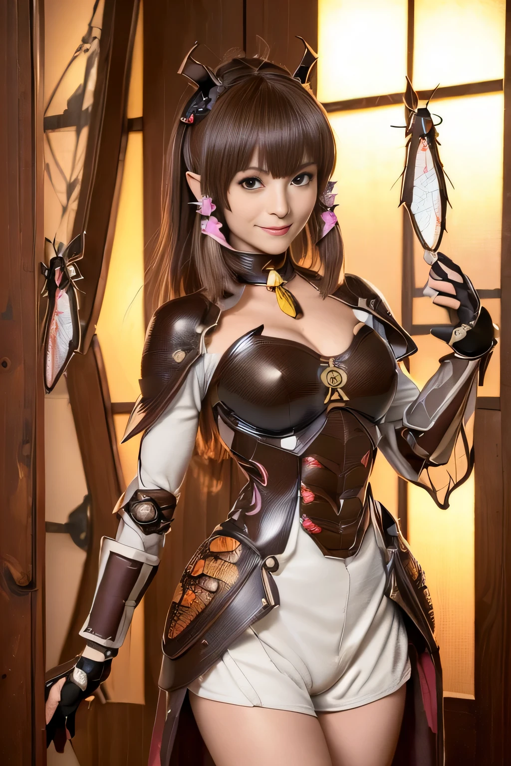 (high resolution,masterpiece,best quality,extremely detailed CG, anime, official art:1.4), realistic, photo, amazing fine details, all intricate, gloss and shiny,awesome many layers, 8k wall paper, 3d, sketch, kawaii, illustration,( solo:1.4), perfect female proportion,villainess, (fusion of dark brown cockroach and lady:1.4), (brown cockroach form lady:1.2), (brown cockroach lady:1.2), (fusion:1.2), (solo:1.4), (evil smile:1.2), muscular, abs, (cockroach brown exoskeleton bio insect suit:1.4), (cockroach brown exoskeleton bio insect armor:1.2), (brown transparency cockroach wing:1.4), (brown cockroach antennae:1.3),