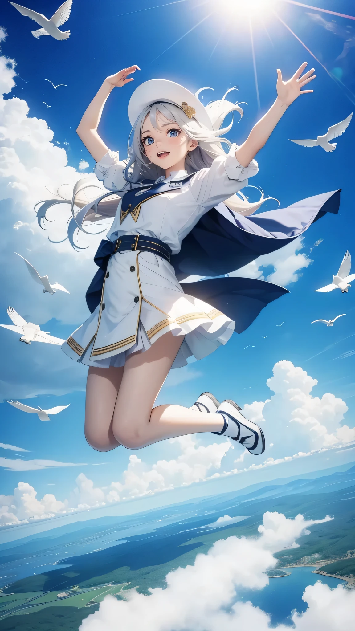 tmasterpiece,best qualityer,rays of sunshine,In the clouds,Flying birds,1girll,long whitr hair,Jumping pose,At high altitudes
