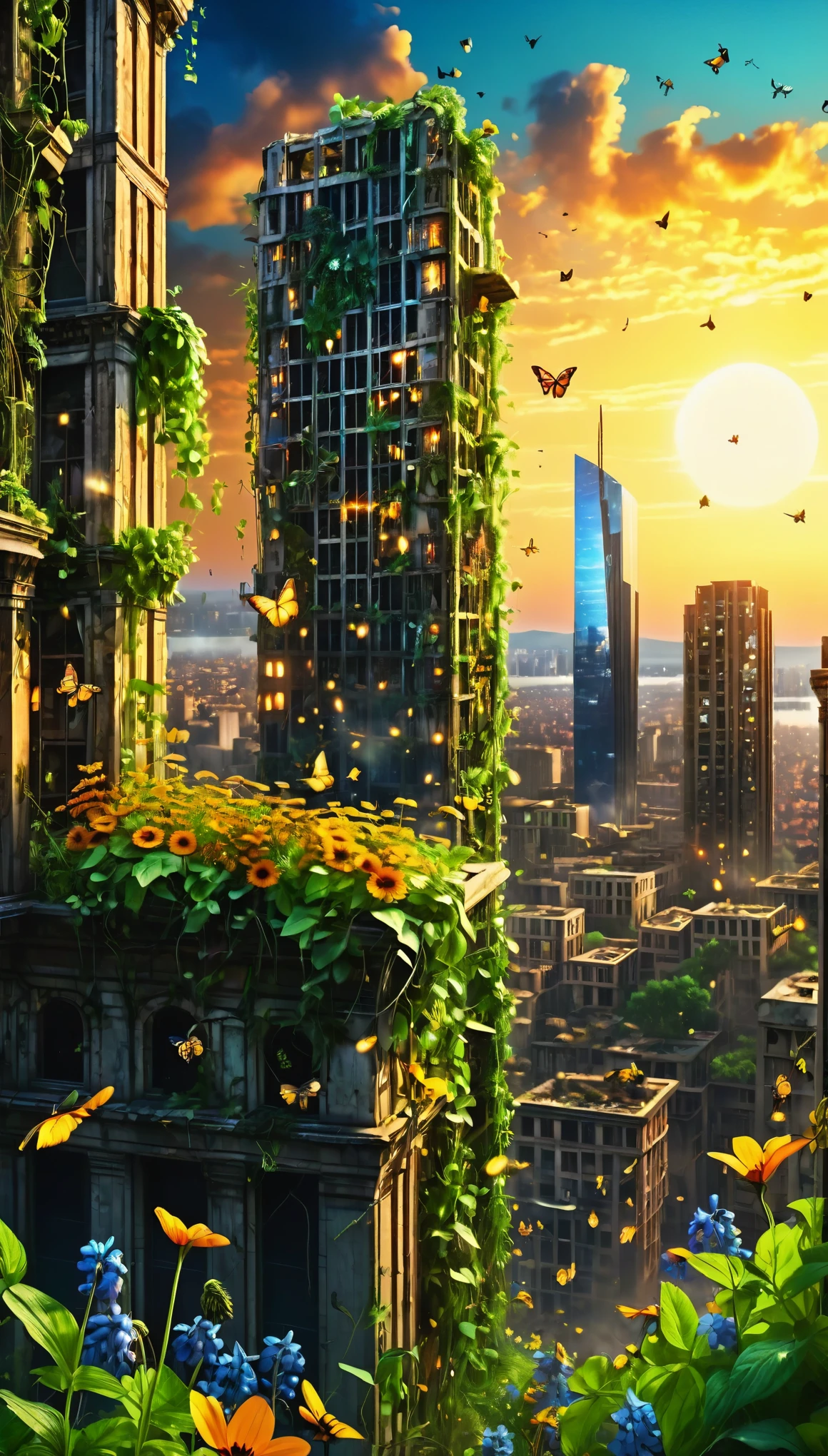 (best quality,4k,highres,ultra-detailed)A crumbling skyscraper city stands overgrown with vibrant wildflowers and climbing vines. Sunlight filters through the buildings, illuminating forgotten technology and wildlife making their home amongst the ruins.(glowing fireflies and butterfiles )(greenery view)(bright blue shinning sky)(night view)(borkeh effect)(far angle view)