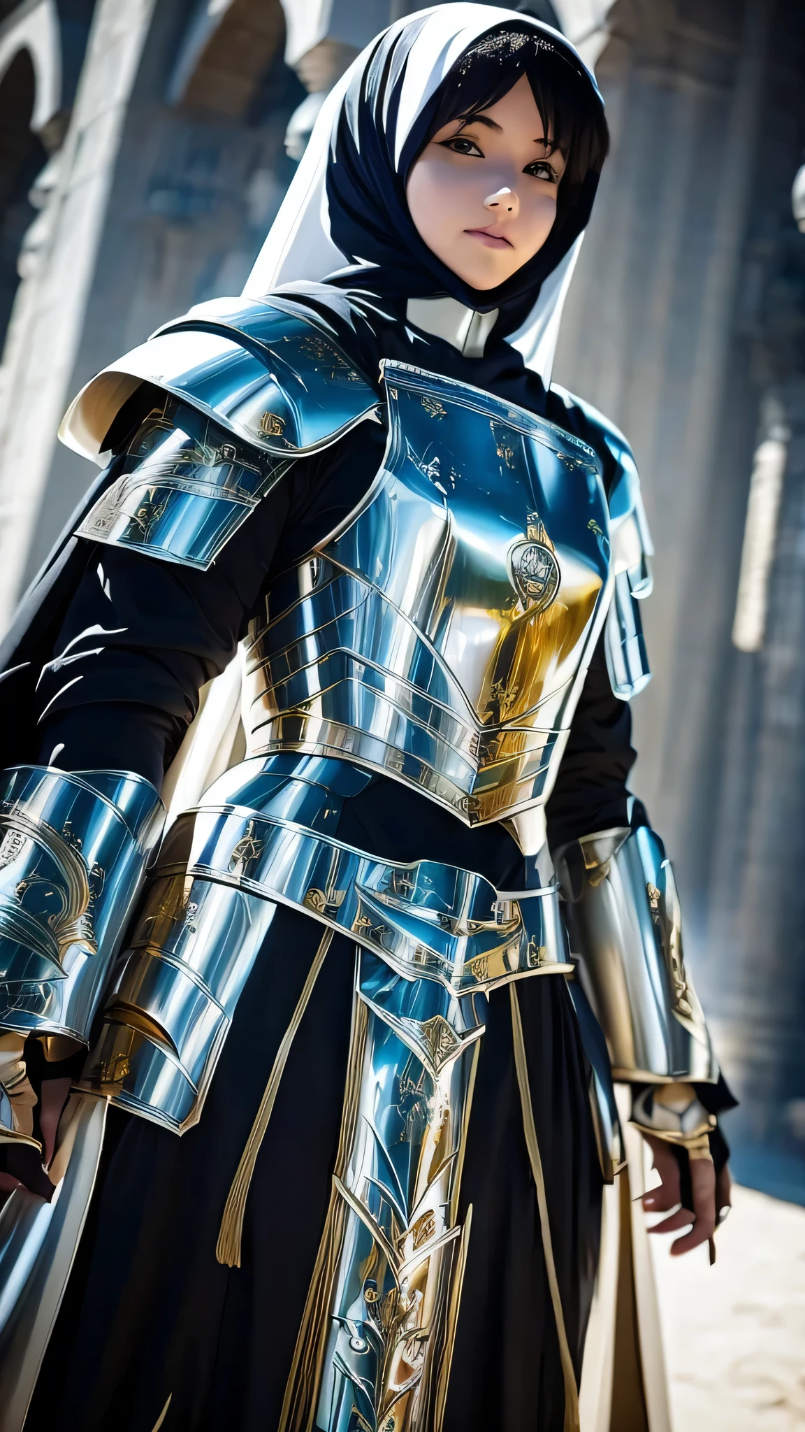 Paladin girl clad in a heavy armor set, her figure concealed by the layered protection. Beneath the armor, she dons a long sleeve white abaya, maintaining her modest attire. A black hijab gracefully covers her head, adding a striking contrast to her fortified appearance.