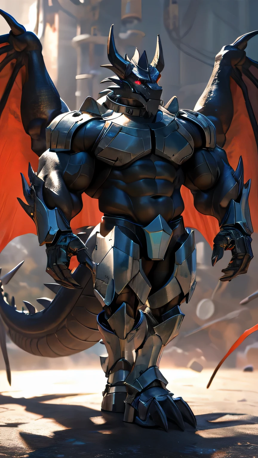 An advanced bionic mech, cybrog, anthro, dragon, male, full body, Muscle, Delicate face, Delicate eyes, 1 tail, (glowing LED), energy, outdoors, extremely detailed CG unity 8k wallpaper, realistic, masterpiece, highest quality, lens flare, unreal engine, trending on ArtStation, Intricate, High Detail, dramatic, realism, beautiful and detailed lighting, shadows, black scales, rubber goo body, wings, evil looking, crimson glowing eyes, black and evil armor, futuristic evil armor, heavy armor, snout-cover armored mask, balanced physique, muscule-shaped armor, evil master, a pair of IFBB-bodybuilder level of muscular great wings, evil dominator, war machine, hunk, hulking IFBB muscular physique, thick arms and legs, heavy evil armor boots, muscular texture and details on evil armor, exposed muscular abdomen IFBB level of muscles, metal collar, muscular inner thighs, majestic, detailed IFBB bodybuilder muscles inside of the armor, dark master, crimson and black wings, harness armor
