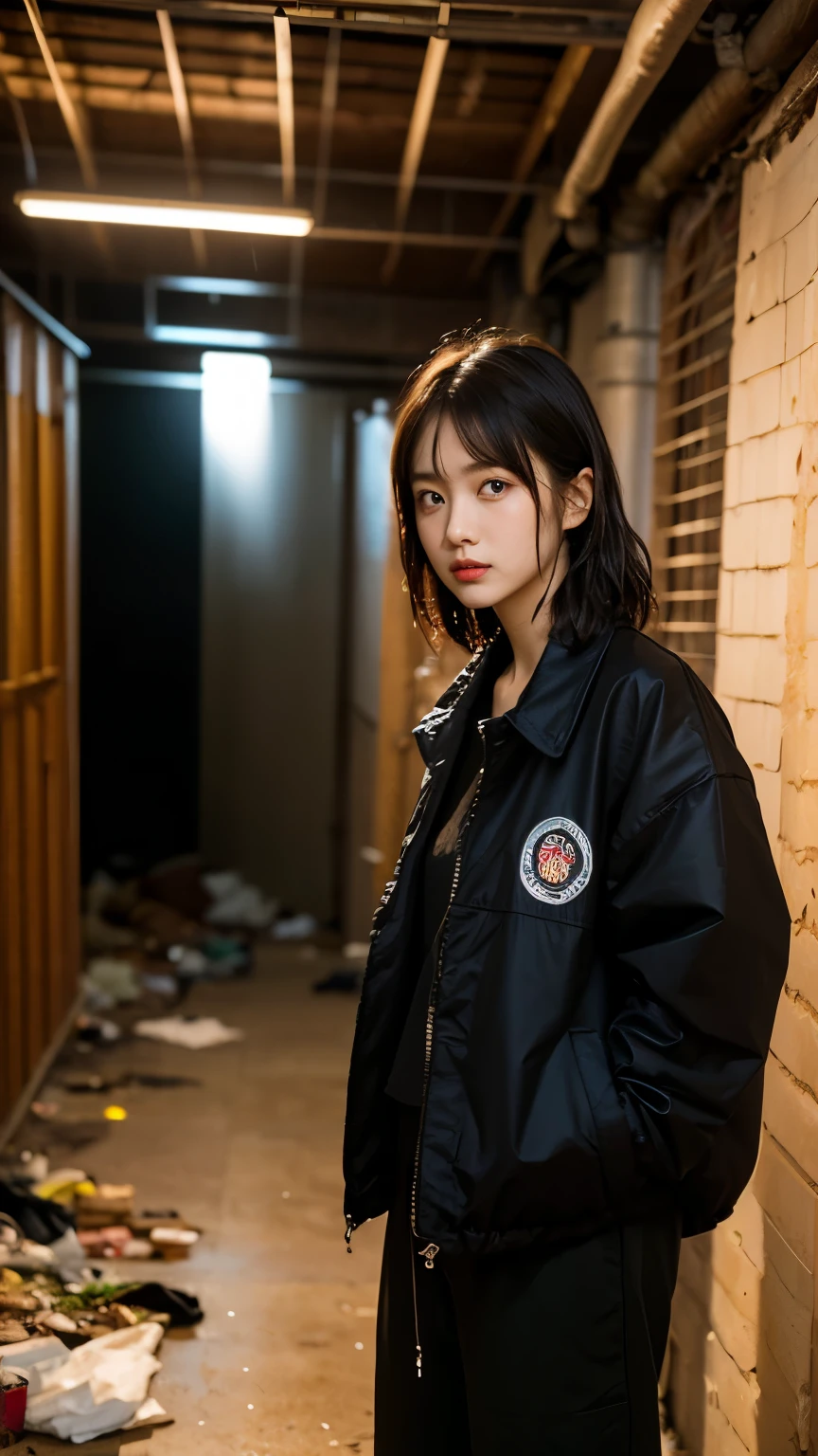 18-year-old,Korean women,((((In a dark basement)))),(((imprisonment))),(((torture))),(((Frowning,カメラをGlaring))),(Very fine eye),((Tired and unable to move)), (((Wearing a long black down jacket,Wearing baggy pants))),(((Wearing soot-stained clothes. The surrounding area is littered with garbage and filth.,The floor is wet,insect,Bad smell,Dirty and oily))),(((old buildings))),((photograph)),(((Fabric Shading))), (((highest quality))), (((masterpiece))) strong girl, ((((Realistic)))),,Black Hair, chic hairstyle, ((With bangs,Straight medium bob cut, nice hair)), Light makeup,Red eyes, (((I'm not wearing lipstick))), (nice, strong), (((An atmosphere of anxiety))), Centered Images, Looking at the camera, Realistic Skin,Realistic texture,8k,whole body,Pale skin, A huge amount of trash,Red iris,Expressionless,Glaring,Perfect Face,(((Big eyes))) portrait of aespaのウィンター,