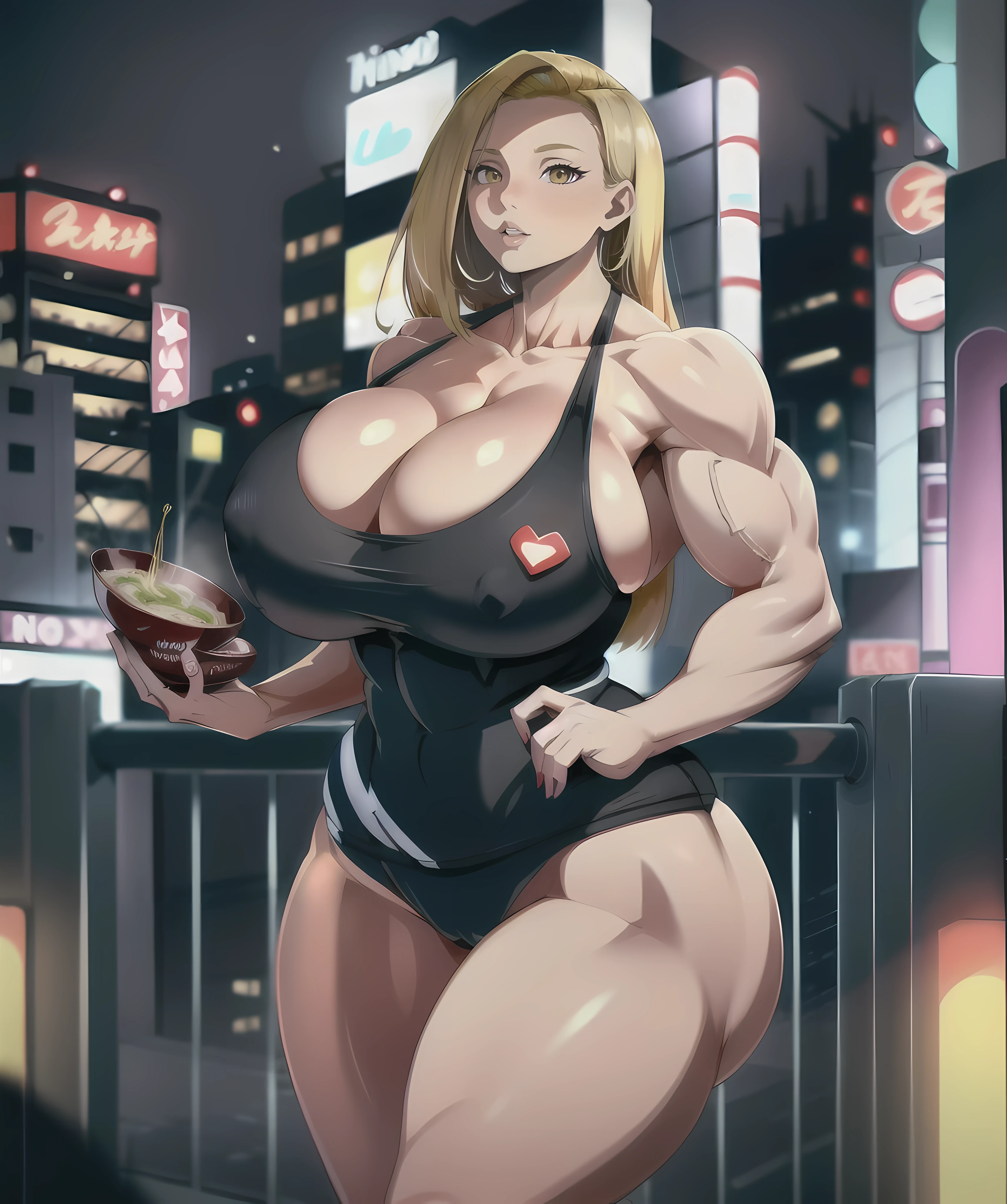 1girls,((Bimbo))),((((Massive Female Bodybuilder:1.2)))), hoop earrings,Puffy lips,painted lips,Thick lips。
bronde hair,broad hips,Thick thighs,Long legs,Burst breasts,nightcity,Cyberpunk-city,futuristic city scape。neon lit,(skyscrapers:1.1),Tokyo Tower,palmeiras,Cloth cards,Ramen stand,nightclub。Bright city lights,Exotic car