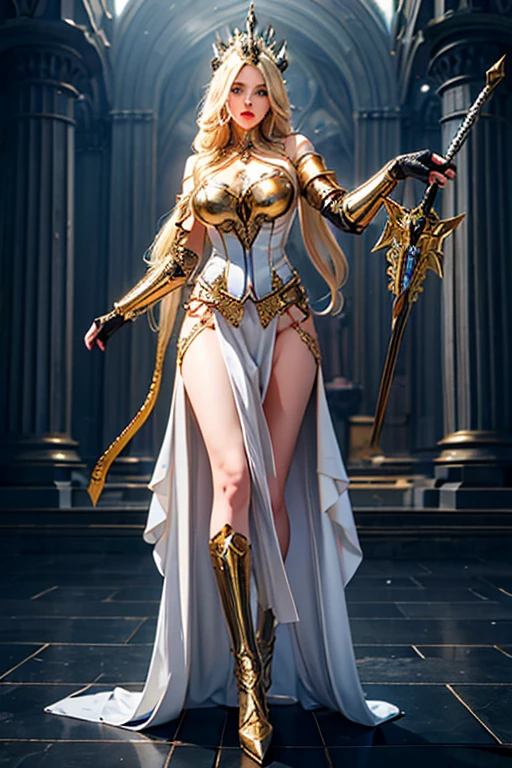 (master piece:1.5), (best quality:1.5), 8k,wallpaper, Full Body, A blond very long curly gold hair sexy female dark fantasy knight wearing an intricate elaborate white silver smooth armor with notorious gold ornaments, no helmet, beautiful, real breast cleavage, wearing a long silver sword, big old tree and ruins behind, ethereal lightning, sharp focus.