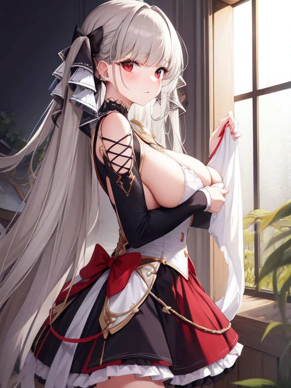 (masterpiece, Best quality1.2),illustration,8k,HD,1 Girl,Solitary,hands up,(portrait:1.2),long_hair,Large target_breast,Red_Eye,Very_long_hair,Bangs,Double tail,ribbon,grey_hair,cleveage,hair_ribbon,Two-color_ribbon,between_breast,Black_skirt,skirt,decorate,only_Shoulder,Frilly_skirt,long_sleeve,Two-color_skirt,jewelry,earrings,in the room