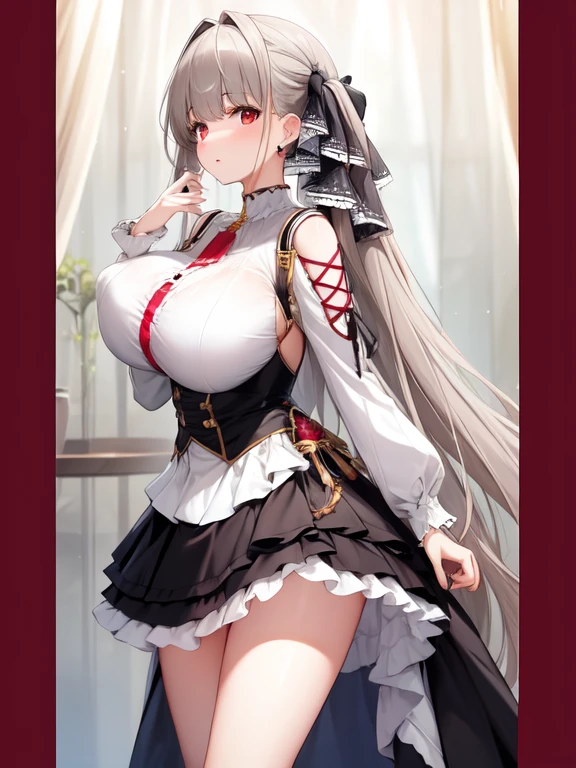 (masterpiece, Best quality1.2),illustration,8k,HD,1 Girl,Solitary,hands up,(portrait:1.2),long_hair,Large target_breast,Red_Eye,Very_long_hair,Bangs,Double tail,ribbon,grey_hair,cleveage,hair_ribbon,Two-color_ribbon,between_breast,Black_skirt,skirt,decorate,only_Shoulder,Frilly_skirt,long_sleeve,Two-color_skirt,jewelry,earrings,in the room