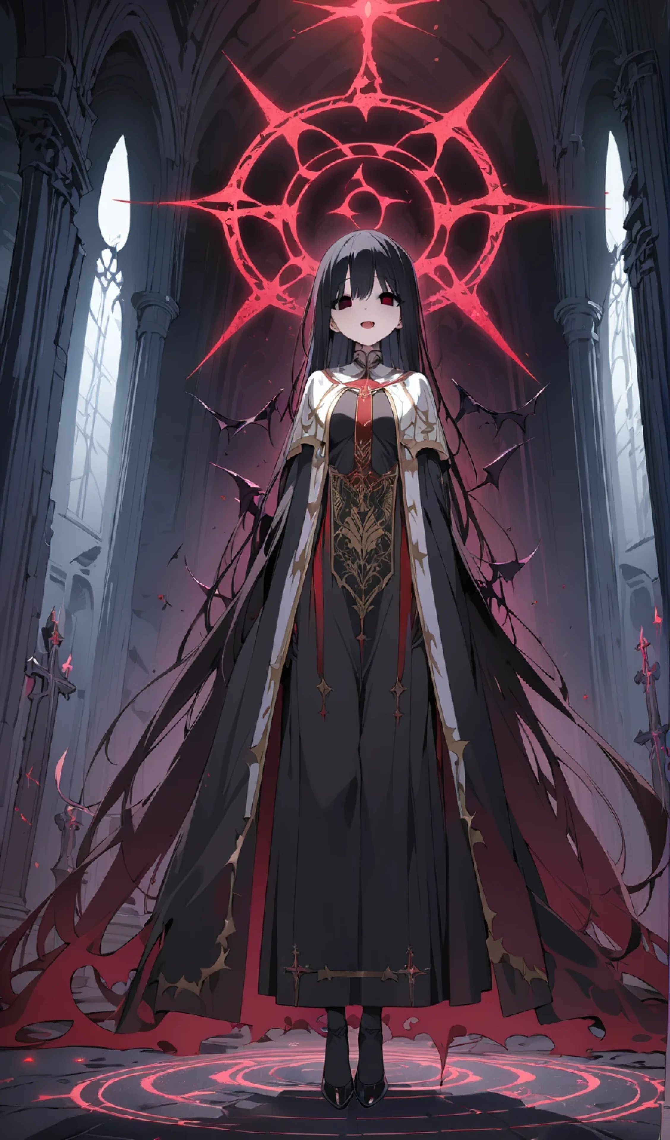 best quality, masterpiece, extremely detailed, 8K, 1girl, full body, standing, (devil:1.3), (dark persona:1.2), black hair, straight hair, (vestment:1.7), :D, (empty eyes:1.3), nsfw, (Upright posture), corrupted, dark church, (glowing dark magic circle)