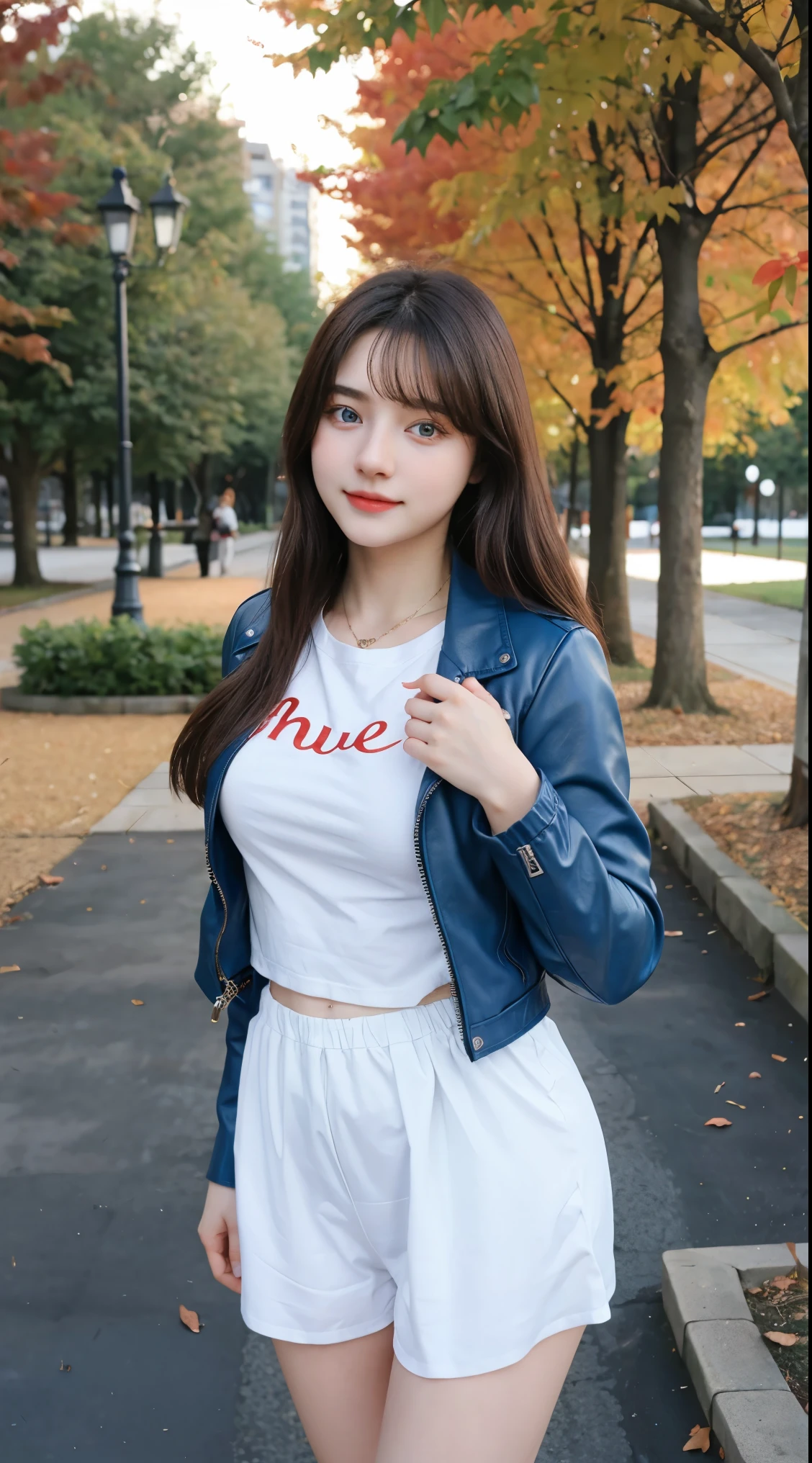 Gorgeus Girl, Beautiful, Baby Face, 20 Years Old, White Skin, Beside, Sexy Pose, long red t-shirt, Blue Eye, Bokeh, park Background, Masterpiece, asking for a hug, full body Shot, open arms, Leather Jacket Long Sleeve Zipper