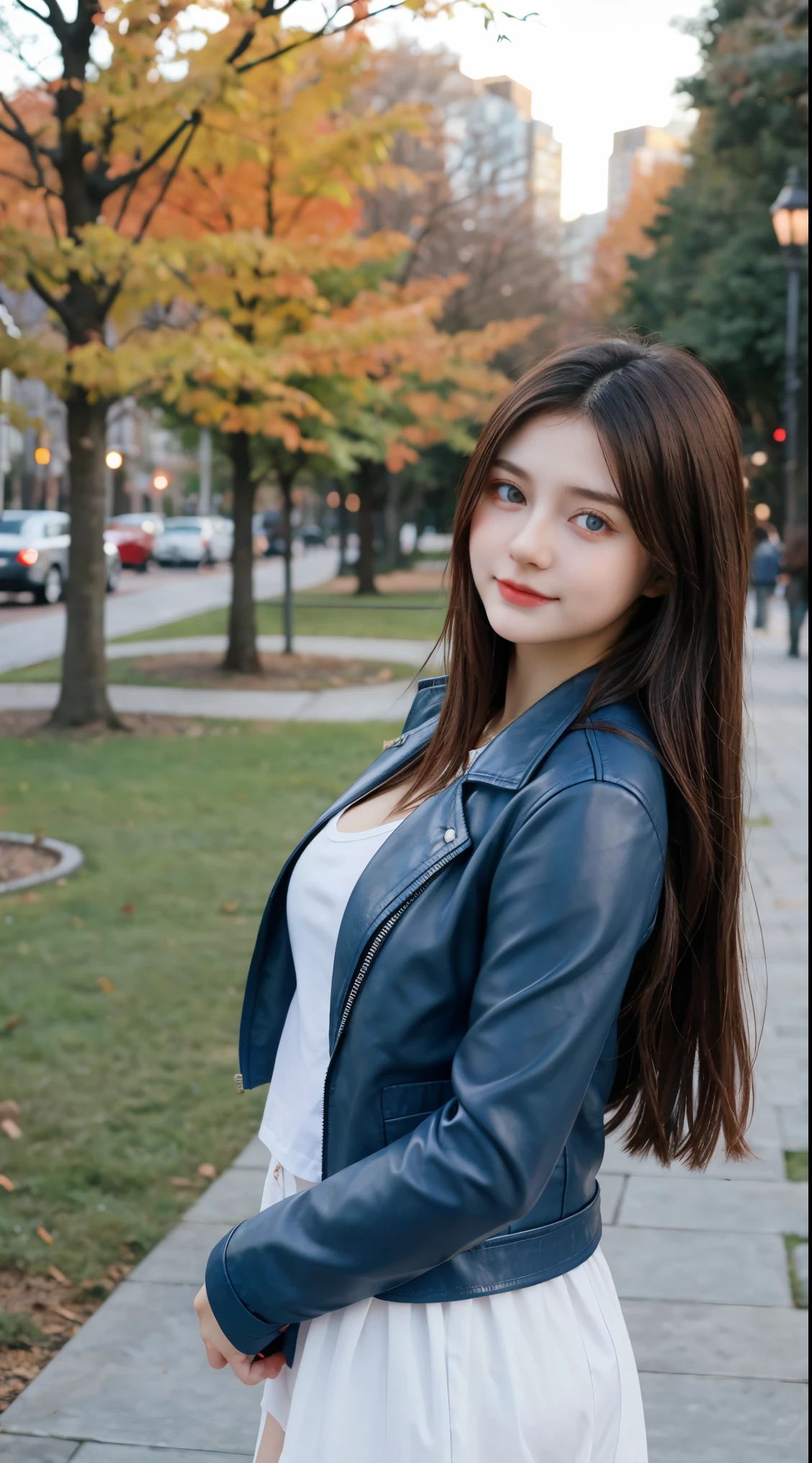 Gorgeus Girl, Beautiful, , 20 Years Old, White Skin, Beside, Sexy Pose, long red t-shirt, Blue Eye, Bokeh, park Background, Masterpiece, asking for a hug, full body Shot, open arms, Leather Jacket Long Sleeve Zipper