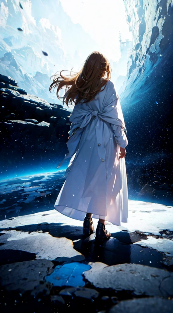 1people々々々々々々々々々,Blonde long-haired woman,White long coat, Dress Silhouette, Rear View,Space Sky, The boundary between sea and space,Beach,