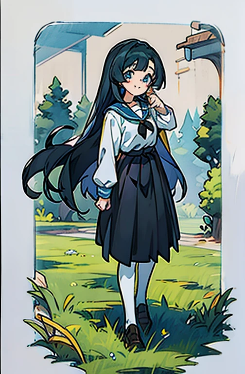 (masterpiece, best quality) a close up of a person standing on a set of stairs, cute anime girl, beautiful anime girl, anime girl, cute anime waifu in a nice dress, pretty anime girl, beautiful anime high school girl, an anime girl, attractive anime girl, anime girl with long hair, young anime girl, style anime, (anime girl), , beautiful anime woman with long skirt, (masterpiece, best quality) 18-yrs old female with (plain, thicken, long, black, straight hair), (tall), (cute clean happy face without any make-up with moderately tall nose), with (school uniform with ((plain,very long, black skirt)), black ribbon, white polo and black belt), (full body in great quality), in a grassy park with trees.