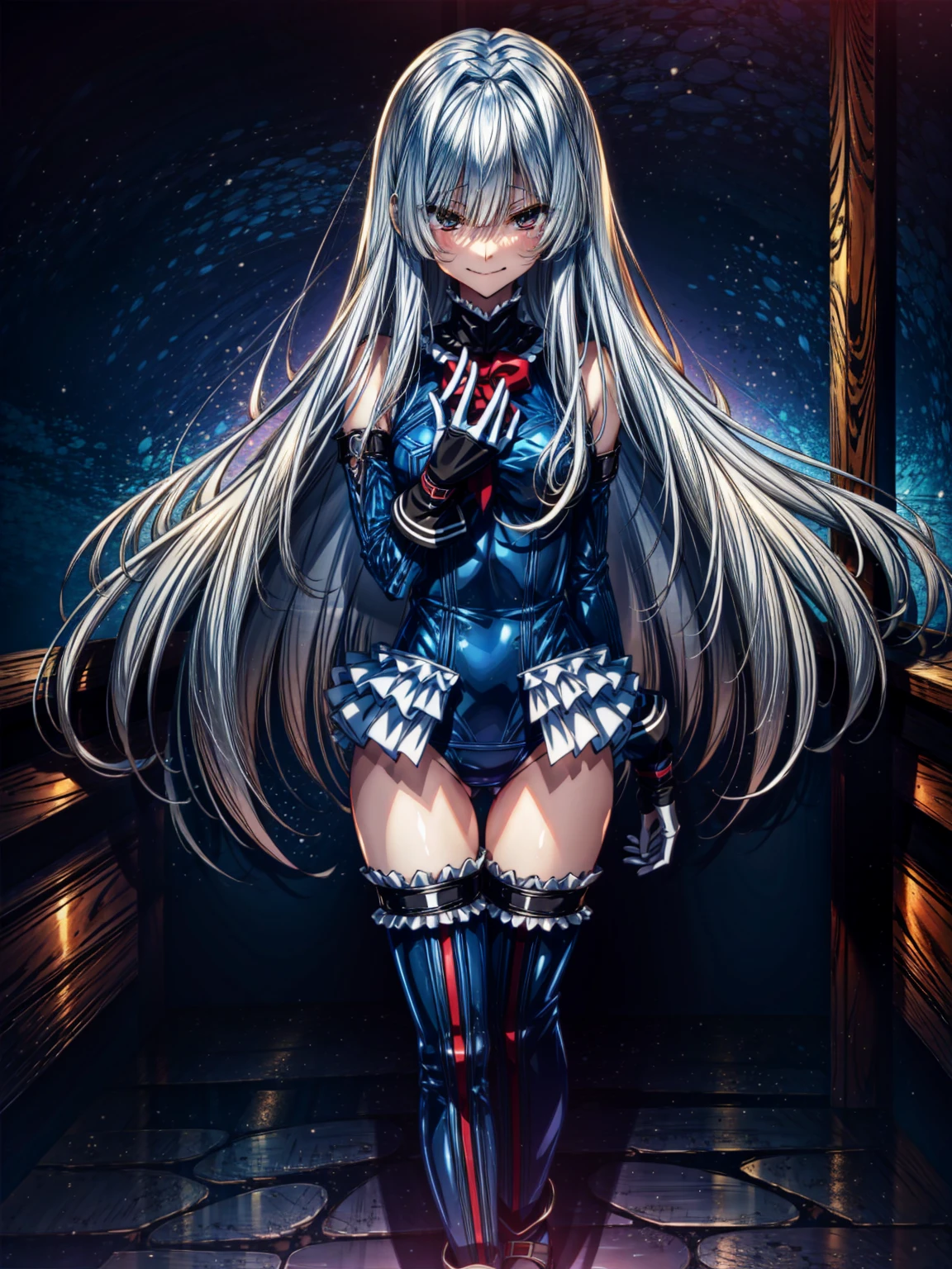 Perfect Anatomy, highest quality, marierose,look at me lovingly,Provocative attitude
,(Dimly lit basement:1.1),Wicked Smile,Anime Style,(Frilled swimsuit, Knee socks, Removed sleeve), (Anime Style:1.4) ,
Silver Hair,(White fingers:1.1,Black gloves),Very long hair,Evil Aura,Rape Eye,Full body view