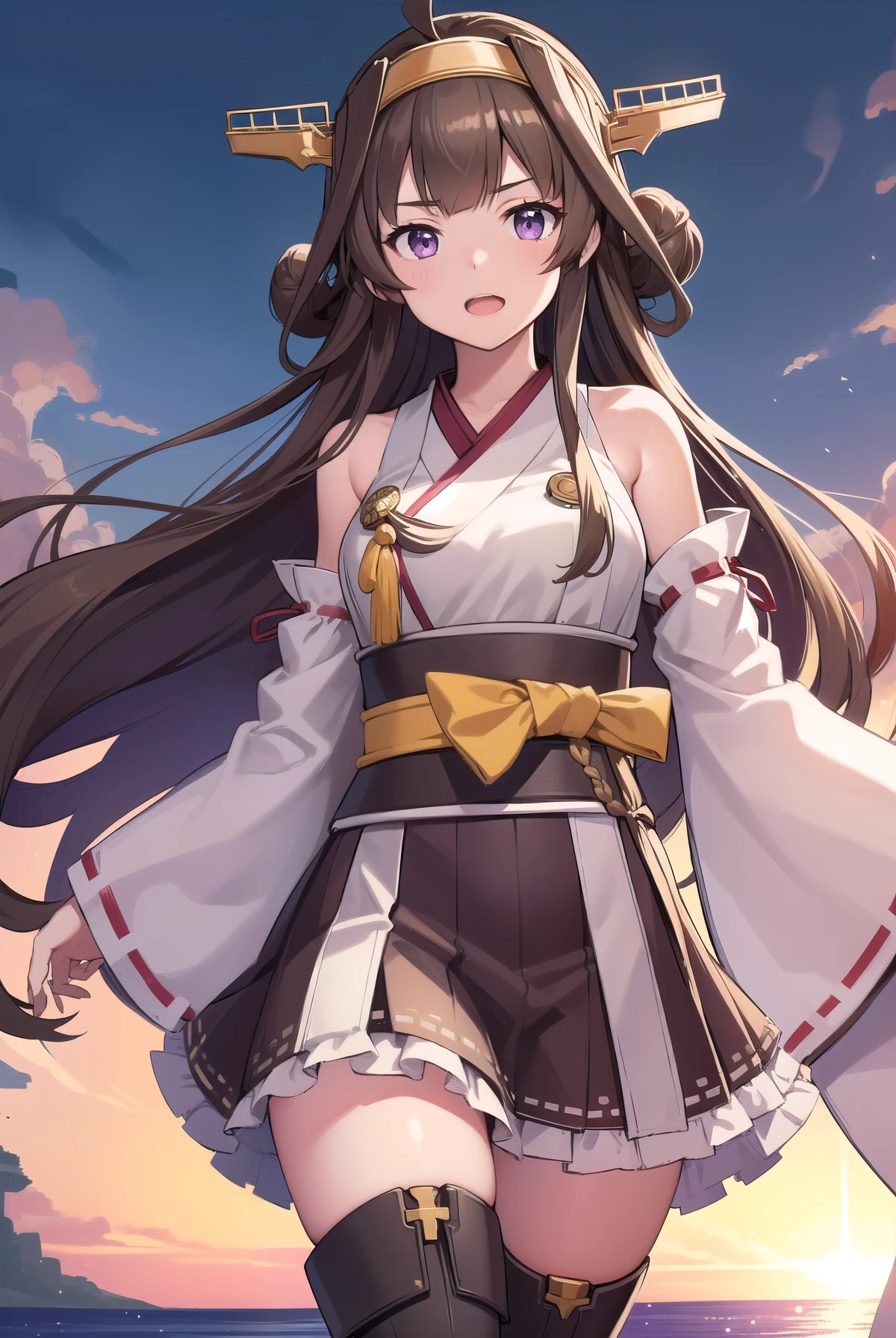 KanColle Kongou, kongou, Ahoge, brown hair, Double good, Hair Bun, hair band, headgear, Long Hair, (Purple eyes:1.1), 
break boots, Removable sleeves, kimono, Non-traditional Shrine Maiden, Ribbon trim, Sleeves edged with ribbon, Thigh-high boots, Wide sleeves,
break looking at viewer, 
break outdoors, Beach,
break (masterpiece:1.2), highest quality, High resolution, unity 8k wallpaper, (figure:0.8), (Beautiful fine details:1.6), Highly detailed face, Perfect lighting, Highly detailed CG, (Perfect hands, Perfect Anatomy),