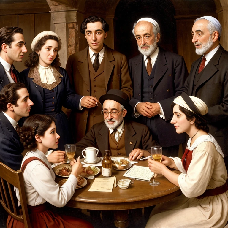 group of jewish socializing, focus on the characters.