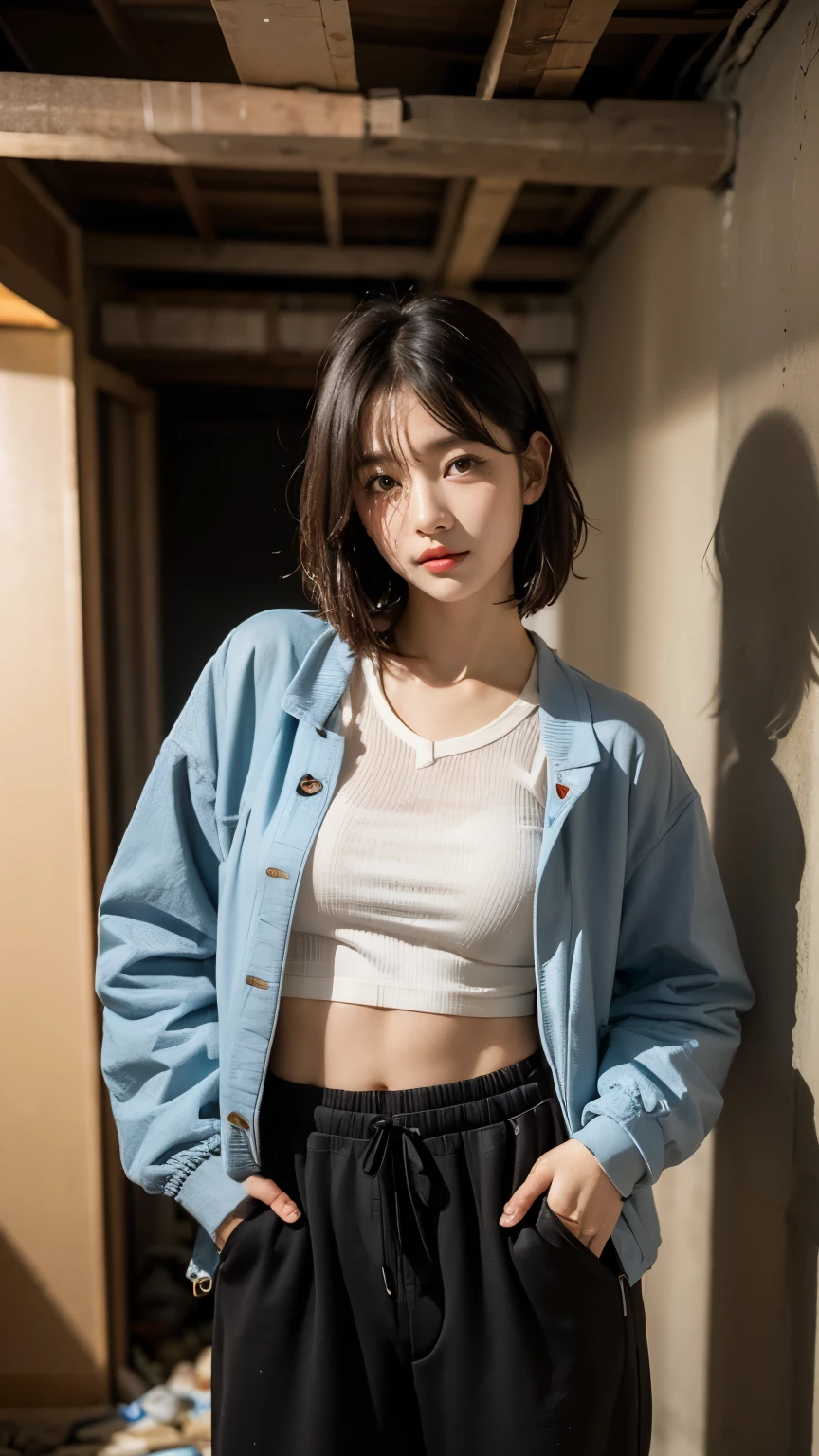 18-year-old,Korean women,((((In a dark basement)))),(((imprisonment))),(((torture))),(((Frowning,カメラをGlaring))),(Very fine eye),((Tired and unable to move)), (((Wearing a long black down jacket,Wearing baggy pants))),(((Wearing soot-stained clothes. The surrounding area is littered with garbage and filth.,The floor is wet,insect,Bad smell,Dirty and oily))),(((old buildings))),((photograph)),(((Fabric Shading))), (((highest quality))), (((masterpiece))) strong girl, ((((Realistic)))),,Black Hair, chic hairstyle, ((With bangs,Straight medium bob cut, nice hair)), Light makeup,Red eyes, (((I'm not wearing lipstick))), (nice, strong), (((An atmosphere of anxiety))), Centered Images, Looking at the camera, Realistic Skin,Realistic texture,8k,whole body,Pale skin, A huge amount of trash,Red iris,Expressionless,Glaring,Perfect Face,(((Big eyes))) portrait of aespaのウィンター,