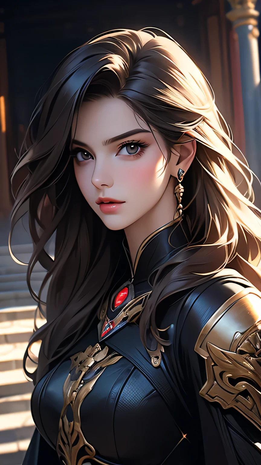 Photo of a 25 year old European woman posing, to be born, Beautiful woman, (super long wavy brown hair), ((Portraiture)), ((Familiar face:1.2)), ((Familiar facial features)), (finely Familiar skin), White skin, (White short dress), Cyberpunk metropolis environment, (Cool colors), Moist, Moist, A masterpiece of reflection) (perfect ratio)(Realistic photos)(最high quality) (Familiar) , High resolution, (8k) (wallpaper) (Cinema Lighting) (Dramatic lighting) (Sharp focus) (Complex)、(((Upper body portrait))), Photorealistic, Surreal photos of stunning beautiful cyborg women, Rainbow Hair, Big Breasts, Exquisite Armor, Exquisite craftsmanship, burn, belly button, Very detailed, ComplexDetails, Facial Symmetry, Sharp focus, Concept Art, Octane Rendering,(bust), masterpiece, 最high quality, high quality, High resolution、Women's armor with less exposed skin、Background in the ruins of a temple