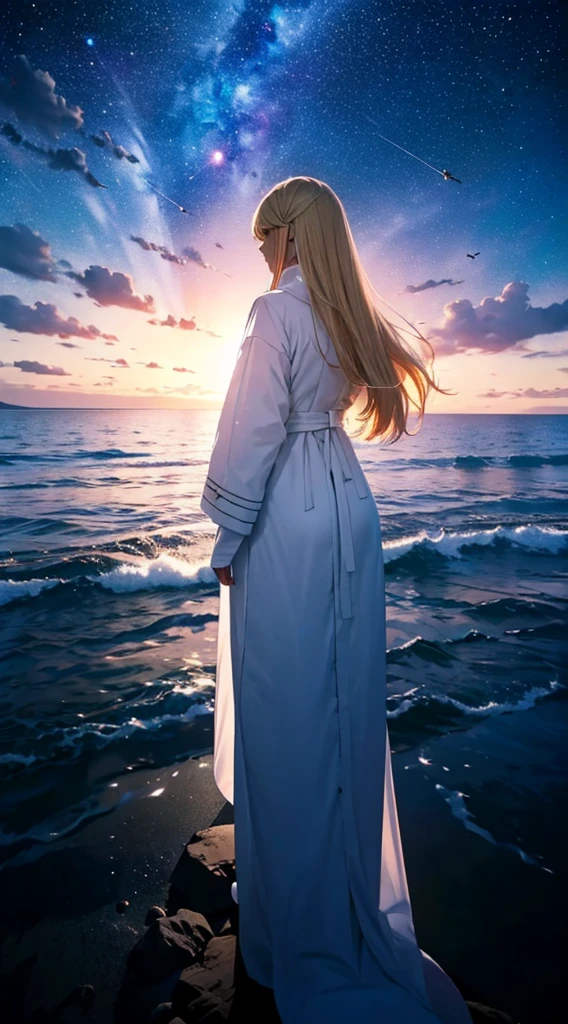 １people々々々々々々々々々,Blonde long-haired woman，White long coat， Dress Silhouette， Rear View，Space Sky, The boundary between sea and space，Beach，