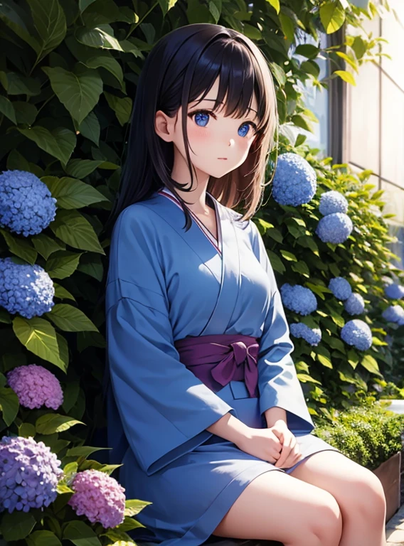 Cute Girls、Japanese、Surrounded by hydrangeas、Sitting with legs crossed、Fashionable hair ornaments、