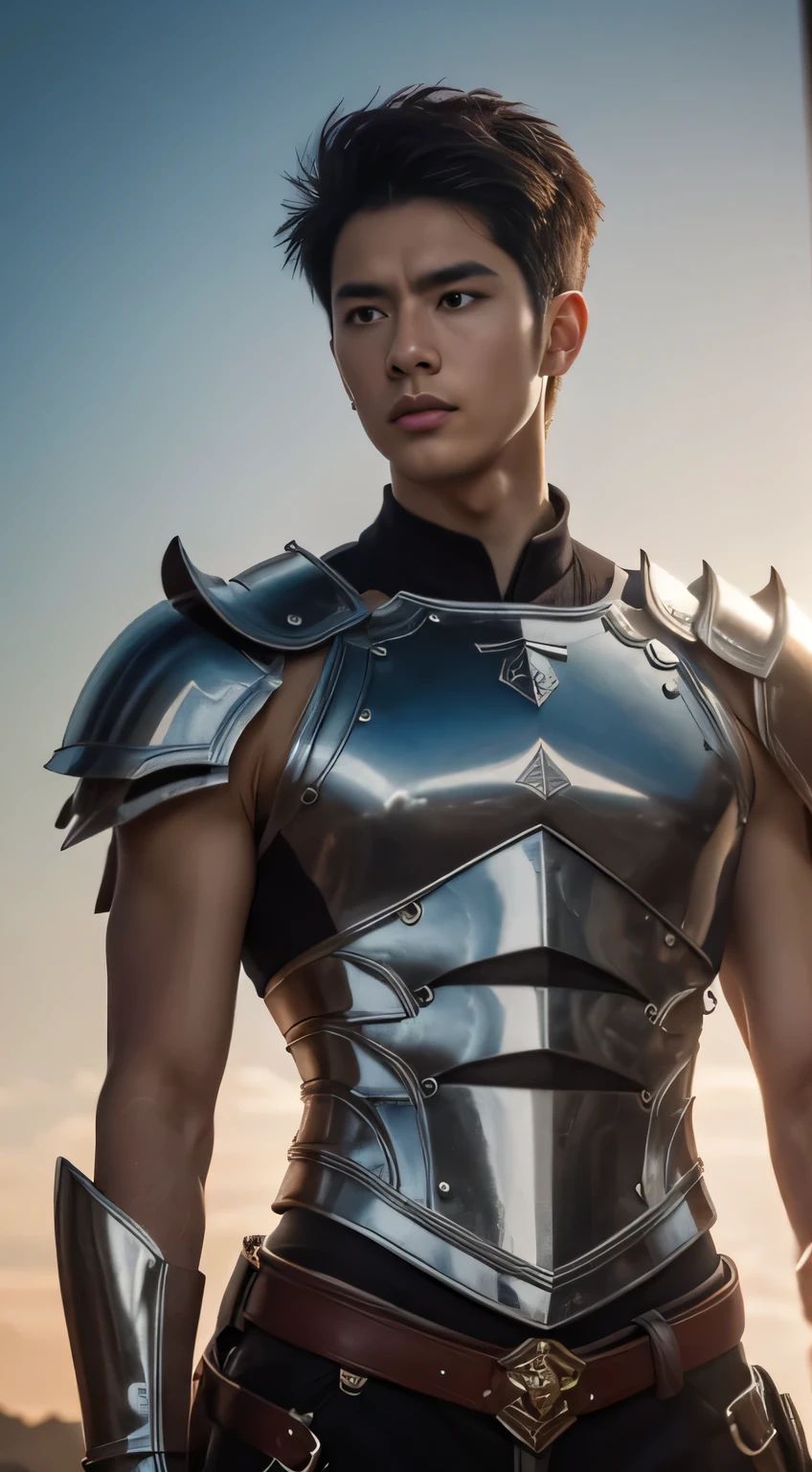 A asian boy like Mighty Archangel Michael,19 years old, handsome, Full Body Shoot, Short Quiff hairstyle, (eyes contact), look at camera, detailed facial parts, Manly, with a muscular constitution :: high detail, is in battle armor, flaming blue sword of golden pearls, a flaming sacred aura radiating from his body, without wings, moon background, surreal, fantasy, magical, intricate details, (dynamic upper body posture: 1.1), depth of field. Best quality, masterpiece, ultra high resolution, (anime realism, photorealistic: 1.4), perfect composition, centered, symmetry