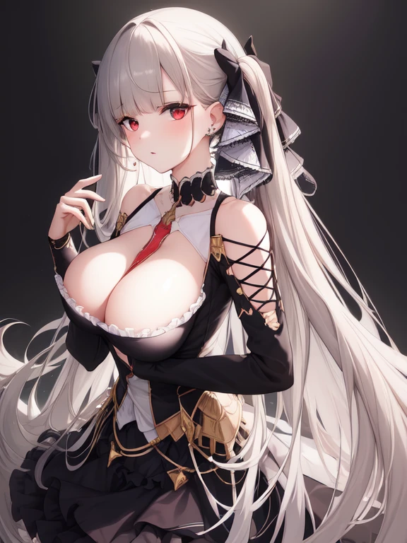 (masterpiece, Best quality1.2),illustration,8k,HD,1 Girl,Solitary,hands up,(portrait:1.2),long_hair,Large target_breast,Red_Eye,Very_long_hair,Bangs,Double tail,ribbon,grey_hair,cleveage,hair_ribbon,Two-color_ribbon,between_breast,Black_skirt,skirt,decorate,only_Shoulder,Frilly_skirt,long_sleeve,Two-color_skirt,jewelry,earrings,Solid color background