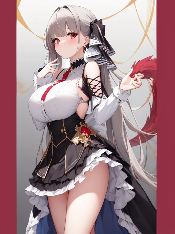 (masterpiece, Best quality1.2),illustration,8k,HD,1 Girl,Solitary,hands up,(portrait:1.2),long_hair,Large target_breast,Red_Eye,Very_long_hair,Bangs,Double tail,ribbon,grey_hair,cleveage,hair_ribbon,Two-color_ribbon,between_breast,Black_skirt,skirt,decorate,only_Shoulder,Frilly_skirt,long_sleeve,Two-color_skirt,jewelry,earrings,Solid color background