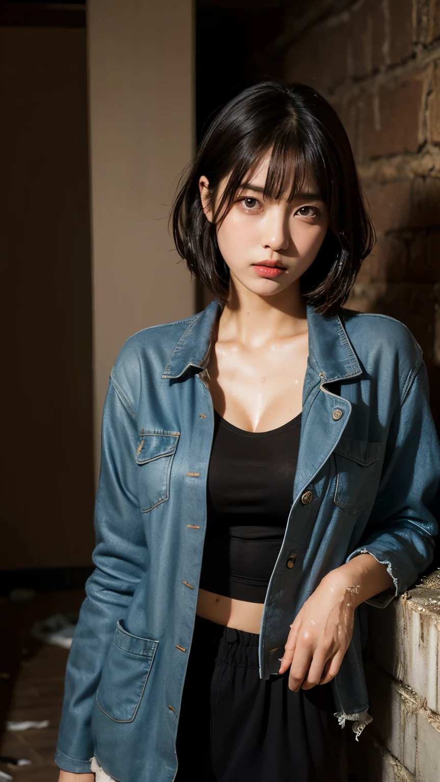 18-year-old,Korean women,((((In a dark basement)))),(((imprisonment))),(((torture))),(((Frowning,カメラをGlaring))),(Very fine eye),((Tired and unable to move)), (((Wearing a long black down jacket,Wearing baggy pants))),(((Wearing soot-stained clothes. The surrounding area is littered with garbage and filth.,The floor is wet,insect，Bad smell，Dirty and oily))),(((old buildings))),((photograph)),(((Fabric Shading))), (((highest quality))), (((masterpiece))) strong girl, ((((Realistic)))),,Black Hair, chic hairstyle, ((With bangs,Straight medium bob cut, nice hair)), Light makeup,Red eyes, (((I&#39;m not wearing lipstick))), (nice, strong), (((An atmosphere of anxiety))), Centered Images, Looking at the camera, Realistic Skin,Realistic texture,８k,whole body,Pale skin, A huge amount of trash,Red iris,Expressionless,Glaring,Perfect Face,(((Big eyes))) portrait of aespaのウィンター,