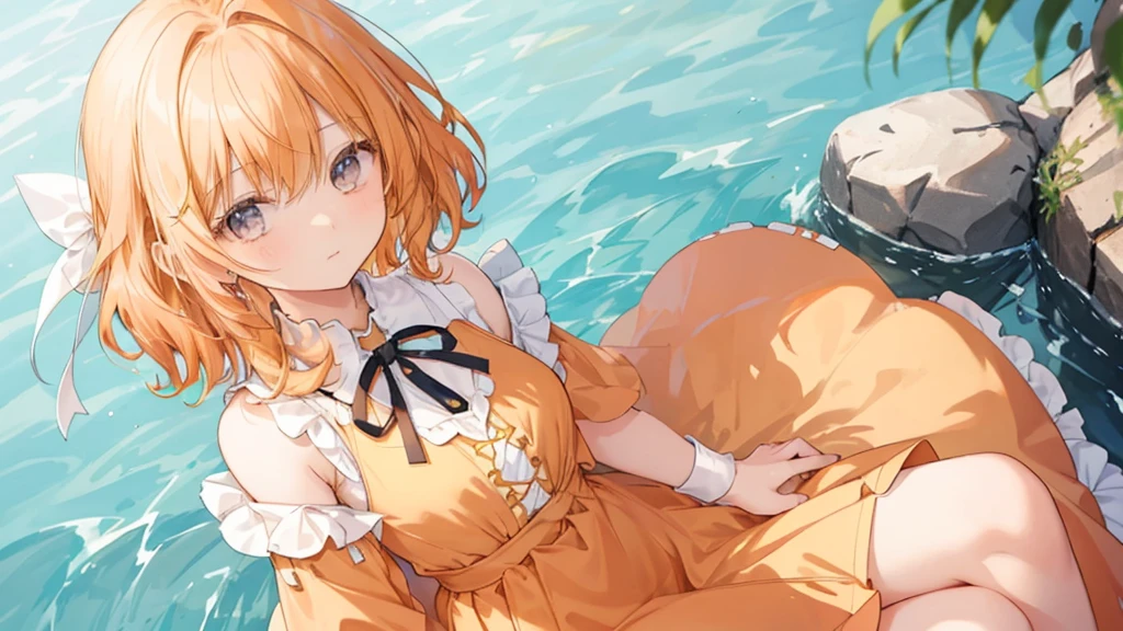 Very close to the audience, From above, Slim and long, Very delicate and beautiful girl, Young girl, Light orange short hair, Ahoge、Long Curly Hair, ribbon、inner hair color, Beautiful details, Medium Chest, Pastel colored clothes,Beautiful blue sky、whole body、Big thighs