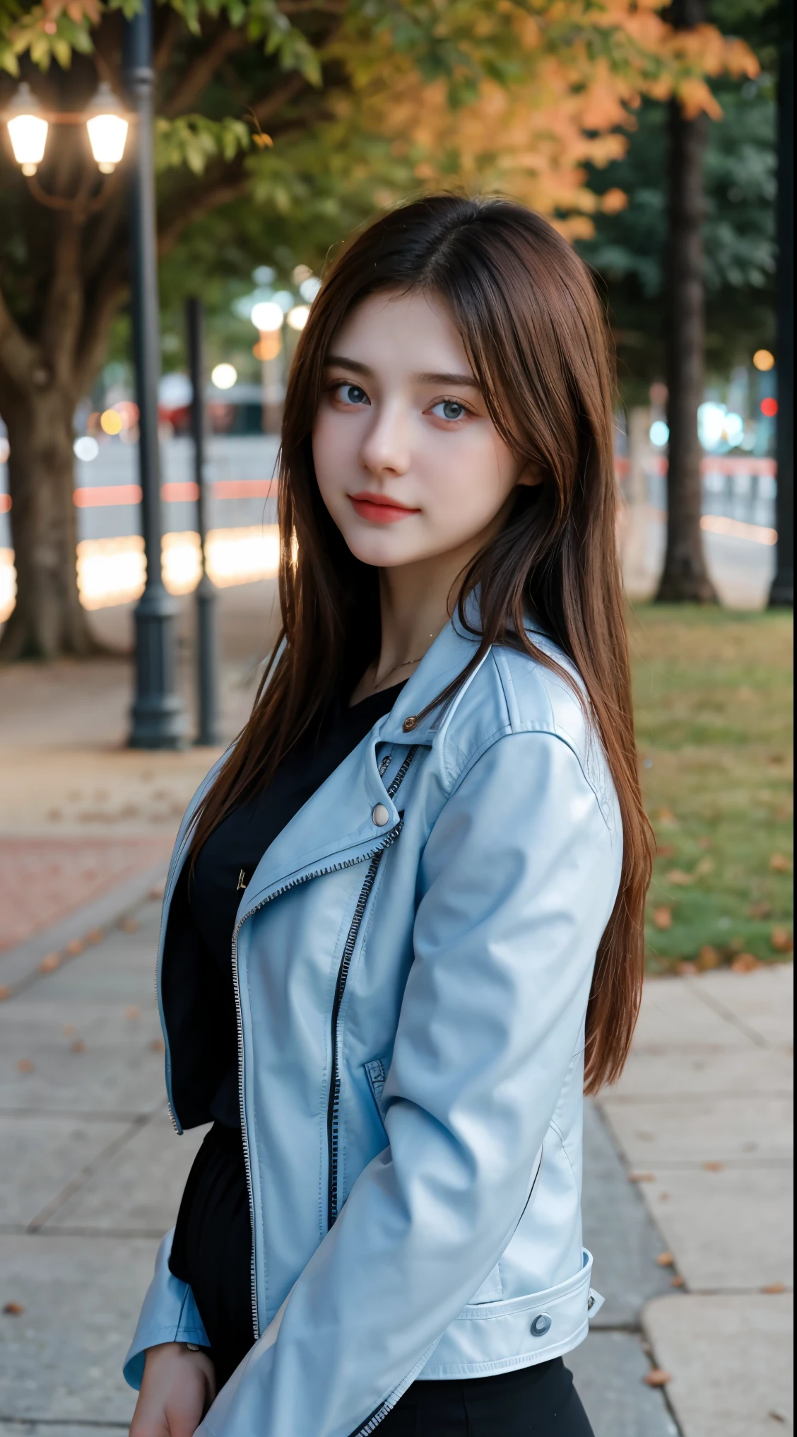 Gorgeus Girl, Beautiful, Baby Face, 20 Years Old, White Skin, Beside, Sexy Pose, long red t-shirt, Blue Eye, Bokeh, park Background, Masterpiece, asking for a hug, full body Shot, open arms, Leather Jacket Long Sleeve Zipper