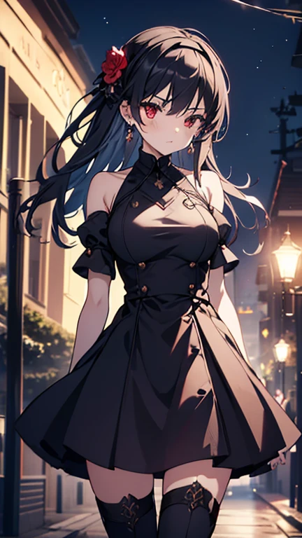 masterpiece, royal background, yor, 1girl, solo, long hair, looking at viewer, large breasts, black hair, hair ornament, red eyes, thighhighs, gloves, dress, holding, bare shoulders, jewelry, standing, weapon, flower, sidelocks, hairband, earrings, boots, black gloves, black thighhighs, hair flower, fingerless gloves, holding weapon, black dress, zettai ryouiki, thigh boots, knife, dual wielding, holding knife, dagger, lamppost, two-sided fabric, holding dagger, gold hairband, two-sided dress,