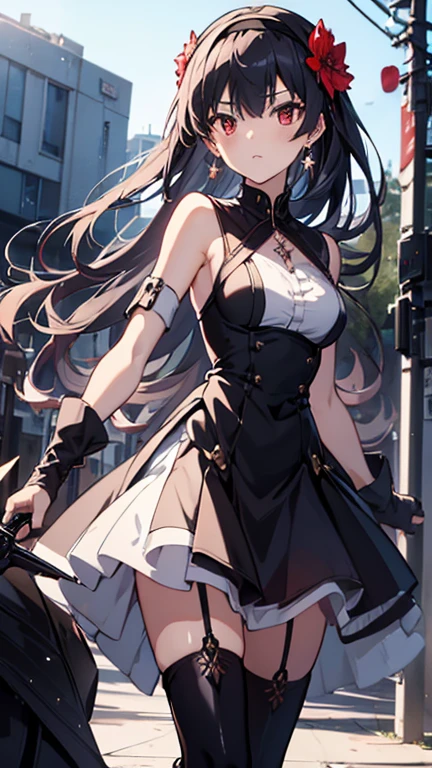 masterpiece, royal background, yor, 1girl, solo, long hair, looking at viewer, large breasts, black hair, hair ornament, red eyes, thighhighs, gloves, dress, holding, bare shoulders, jewelry, standing, weapon, flower, sidelocks, hairband, earrings, boots, black gloves, black thighhighs, hair flower, fingerless gloves, holding weapon, black dress, zettai ryouiki, thigh boots, knife, dual wielding, holding knife, dagger, lamppost, two-sided fabric, holding dagger, gold hairband, two-sided dress,