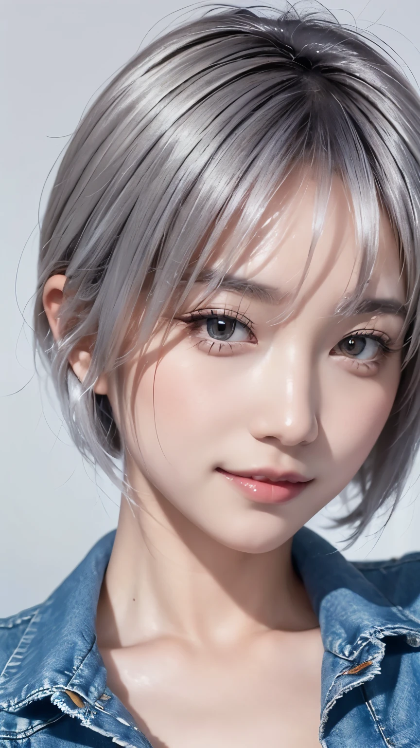 Realistic, masterpiece, highest quality, Highest Resolution, A portrait of a Japanese woman, depicting only the upper body, portrait background, A happy smile, slightly turned to the side, Always watching the audience, Beautifully detailed eyes, Dark Eyes, Looks sleepy, Sparkling eyes, (hidden creased eyelids:1.2), Thin eyebrows, Carefully draw eyelashes, Natural Makeup, (short hair, Silver Hair:1.3), Detailed face, (Close up on face:1.3), ((Denim Jacket), naked)