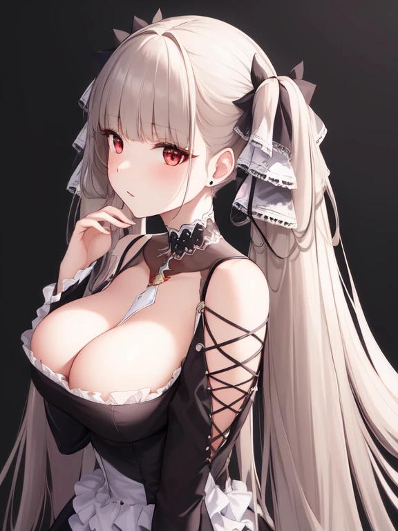 (masterpiece, best quality1.2),illustration,8k,hd,1girls,solo,hand up,(portrait:1.2),long_hair,large_breasts,red_eyes,very_long_hair,bangs,twintails,ribbon,grey_hair,cleavage,hair_ribbon,two-tone_ribbon,between_breasts,black_dress,dress,frills,bare_shoulders,frilled_dress,long_sleeves,two-tone_dress,jewelry,earrings,Solid color background