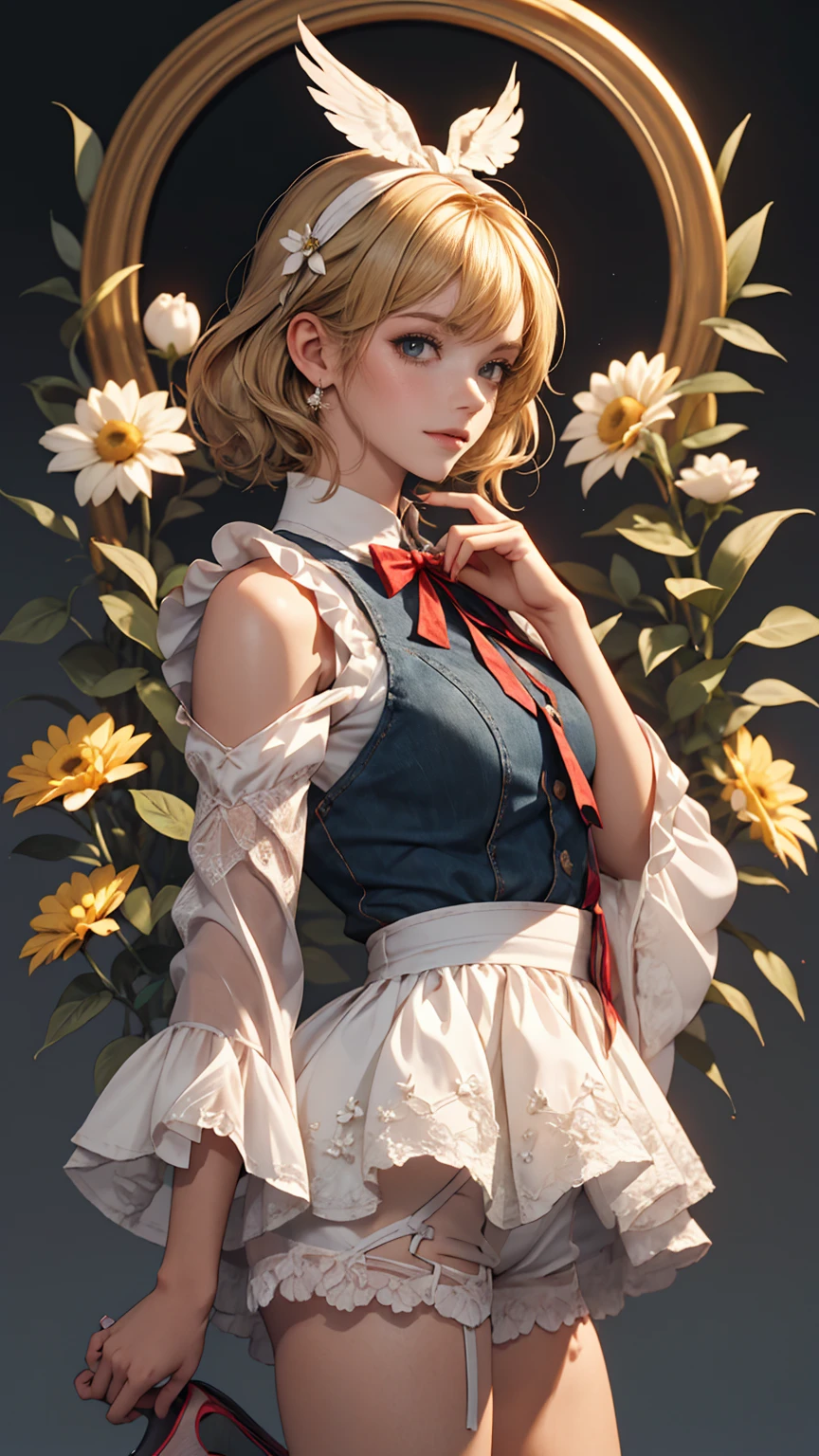 uekura, One girl, Blonde, White Background, Have, dress, Blue footwear, wing, Simple Background, sign, flower, Manicure, Wide sleeves, Long sleeve, blush, animal, white flower, alone, whole body, bird, View your viewers, High heels, Put your hand on your cheek, put your hand on your face, Frills, bow, bangs, ribbon, Bell, Blue hat, +_+, shoes下, short hair, Grey Eyes, shoes, Blue Claws, feathered wing, blue bow