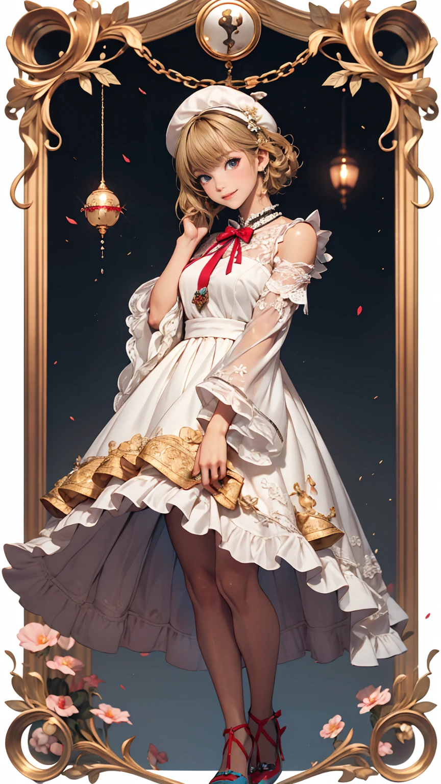 uekura, One girl, Blonde, White Background, Have, dress, Blue footwear, wing, Simple Background, sign, flower, Manicure, Wide sleeves, Long sleeve, blush, animal, white flower, alone, whole body, bird, View your viewers, High heels, Put your hand on your cheek, put your hand on your face, Frills, bow, bangs, ribbon, Bell, Blue hat, +_+, shoes下, short hair, Grey Eyes, shoes, Blue Claws, feathered wing, blue bow