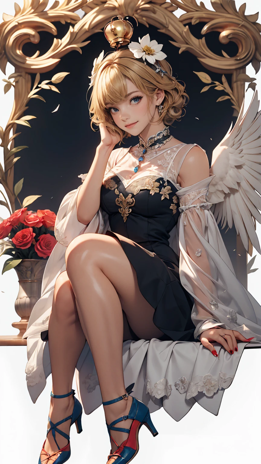 uekura, One girl, Blonde, White Background, Have, dress, Blue footwear, wing, Simple Background, sign, flower, Manicure, Wide sleeves, Long sleeve, blush, animal, white flower, alone, whole body, bird, View your viewers, High heels, Put your hand on your cheek, put your hand on your face, Frills, bow, bangs, ribbon, Bell, Blue hat, +_+, shoes下, short hair, Grey Eyes, shoes, Blue Claws, feathered wing, blue bow
