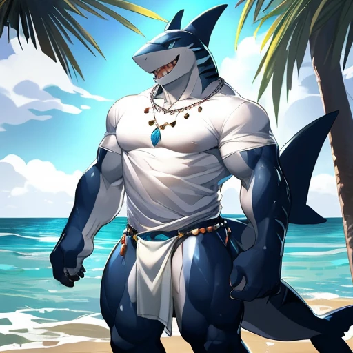 hi res,(shark, finless shark), not furry, anthro, aqua blue eyes, thin loincloth, male, muscular, muscular anthro, muscular male, tail, outside, plant, light blue body, sea, solo, tree, (water), detailed background,by milkytiger1145,by takemoto arashi,by null-ghost, cold atmosphere, open smile, soft blue blush, muscular thighs, thick thighs, wide hips, single fin, loincloth accessory, loincloth jewelry, jewels and ornaments for loincloth, sexy loincloth, ((white tshirt, white tshirt)), wearing white tshirts, , ((white tshirt, white tshirt))
