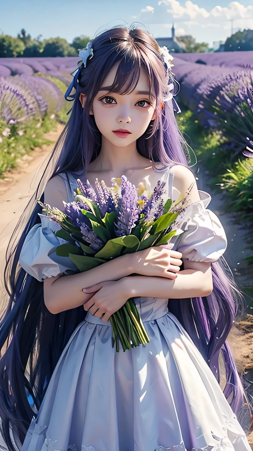 goblin、young woman、Lavender colored dress、Lavender colored hair、Transparency、surrounded by lavender、flower garden、Angel、People in the center、pale light、long hair、ribbon