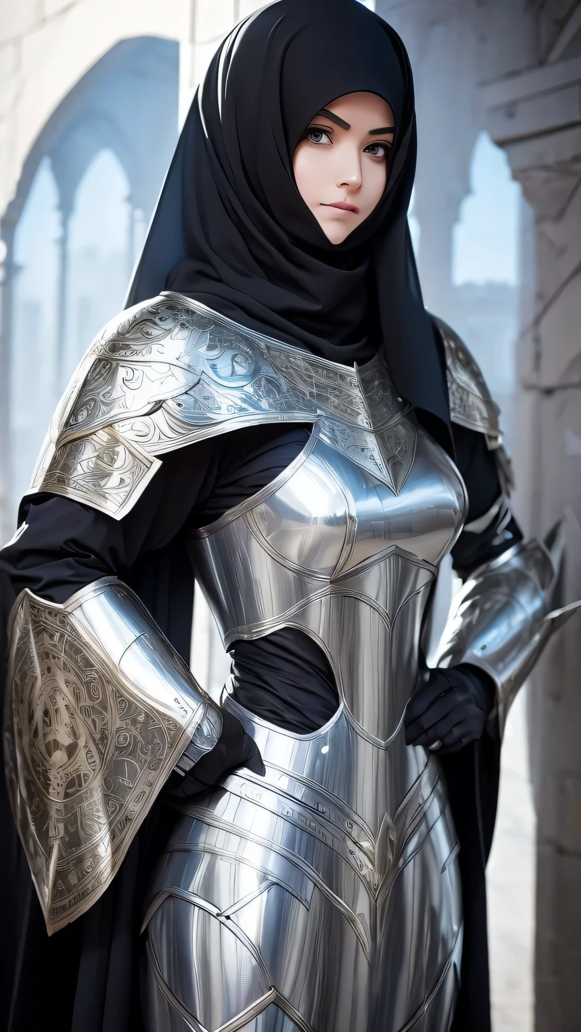 Paladin girl clad in a heavy armor set, her figure concealed by the layered protection. Beneath the armor, she dons a long sleeve white abaya, maintaining her modest attire. A black hijab gracefully covers her head, adding a striking contrast to her fortified appearance.