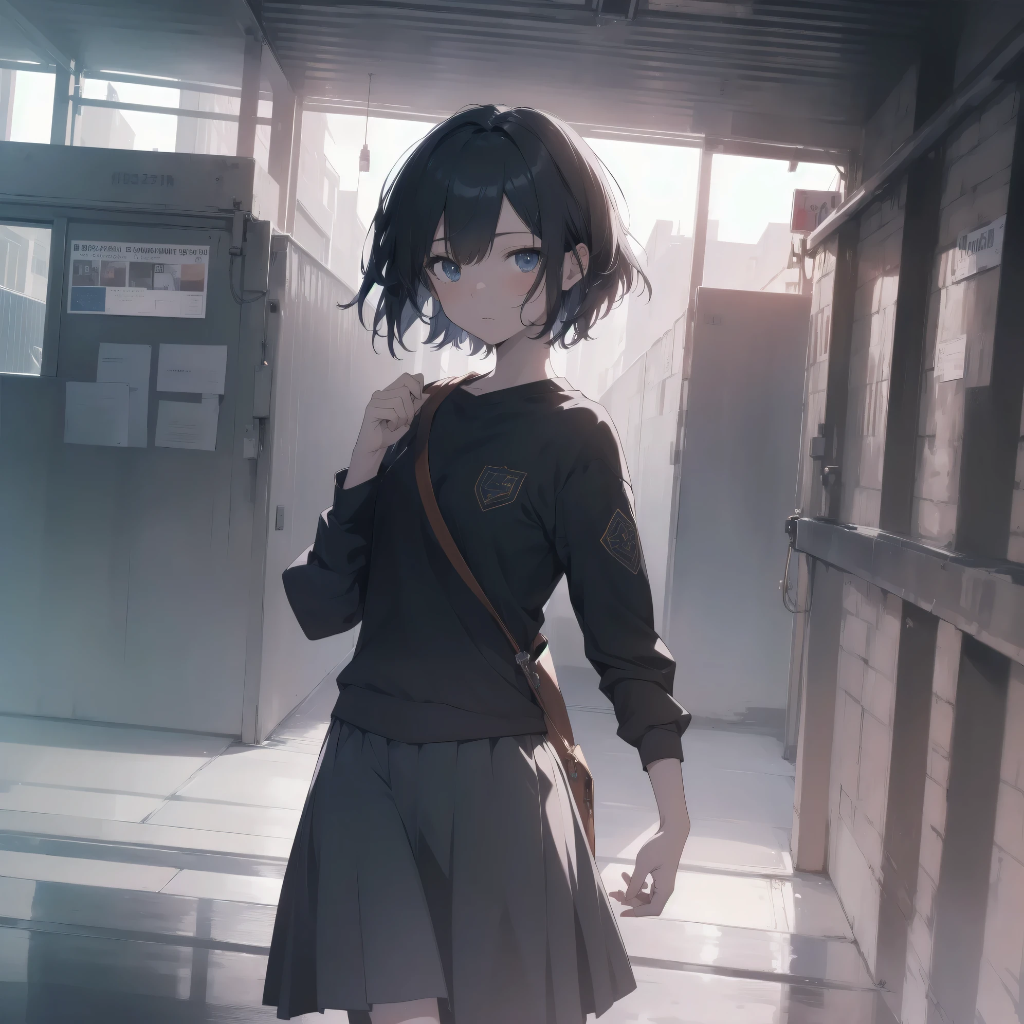 ultra-absurdres-Top quality by artist God, ultra-detailed, high resolution, anime moe artstyle, best anime 8k konachan wallpaper, pixiv contest winner,pool:2810, perfect anatomy,break, 1girl, (Please draw a girl walking sleepily to school alone. )break,(Solo,little female, 13-year-old:1.3),Full limbs, complete fingers,a junior high school student, (very short hair), short cut, flat chest, , small butt, small black eyes, beautiful detailed eyes, well-proportioned iris and pupils, expressive eyes, highres detailed hair, soft expression, school_uniform, official_alternate_costume, pleated skirt,(Detailed Lighting), (Detailed background), in the School commute route. break,super detailed skin, Best cinematic lighting powered by famous artist, 8k,beauty illustration,photoshop_(medium),very aesthetic,break,((artist:ido_(teketeke))), artist:bolze ,artist:oyari_ashito ,artist:kantoku ,