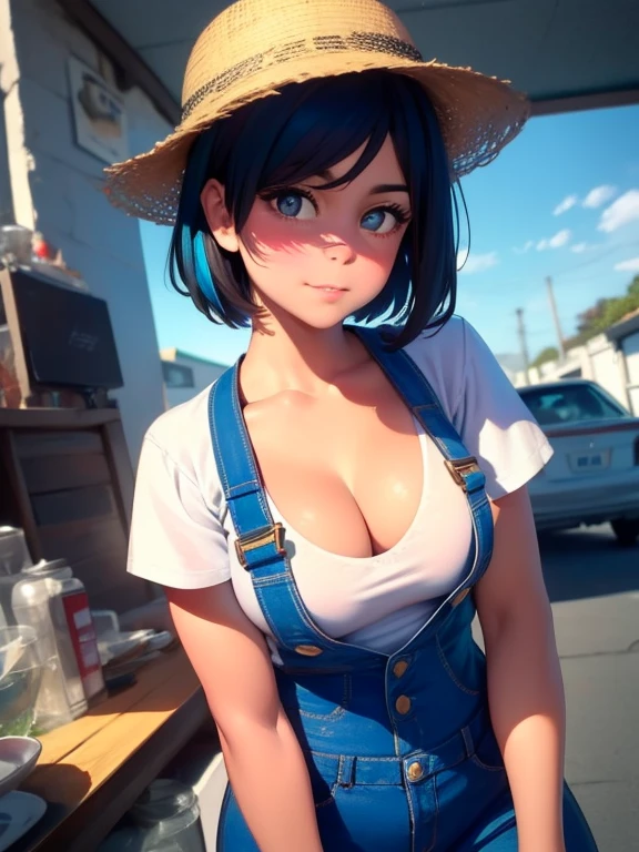 ((masterpiece, best quality, high resolution, UHD, pixel perfect, depth of field, 8k, RTX, HDR))cowboy shot, BREAK, short hair, black hair with blue streaks, hair bobcut, brown eyes, well defined eyes, high definition eyes, eyelashes and black shadow under the eyes, blushing, high gloss eyes, looking at the viewer, shiny skin, sharp, Perfect Body Beauty, realistic shaded perfect body, dynamic pose, "(overalls , with white t-shirt)" cleavage, medium breasts , she is wearing a farmer hat , perfect anatomy, BREAK, stand up in a farm with a cow in the background